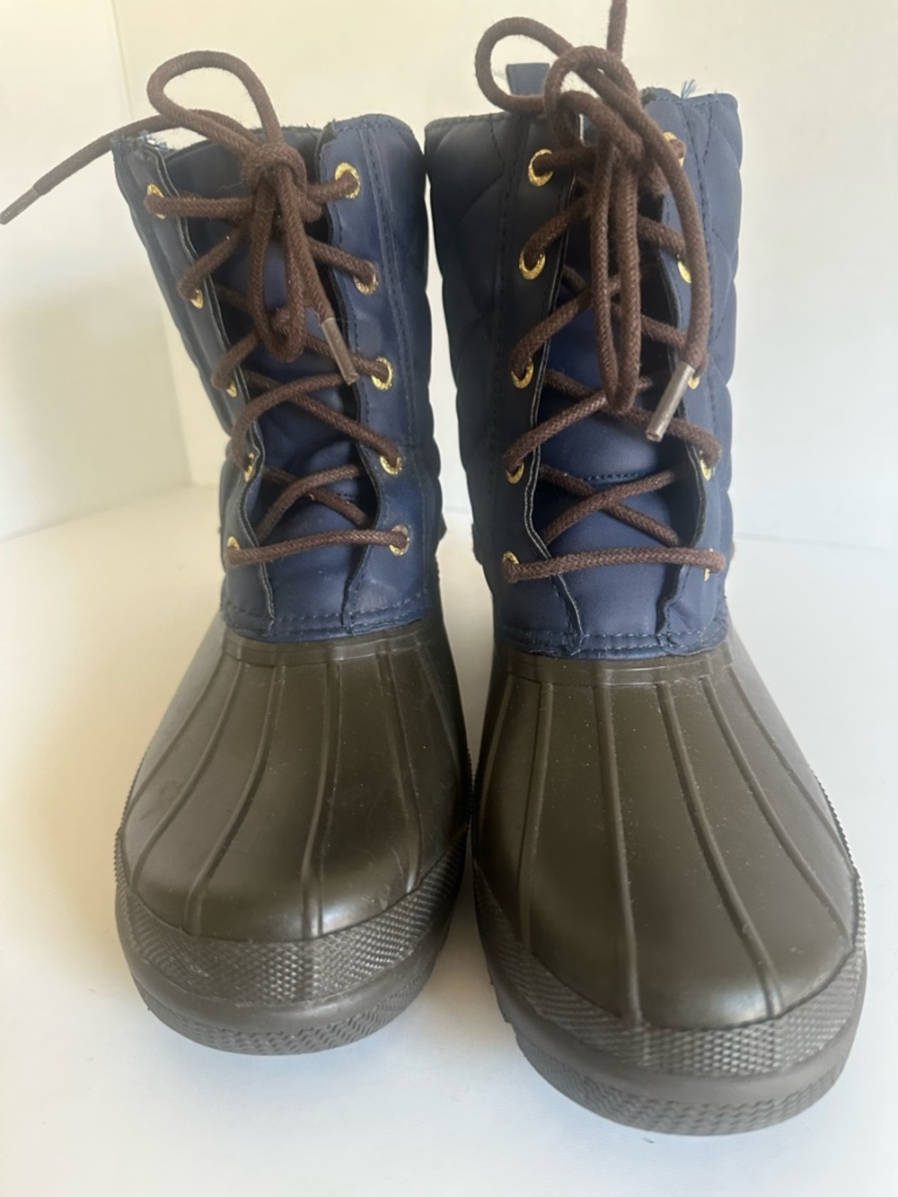 Sperry  Navy and Brown Lace-Up Rain, duck boot. Quilted.